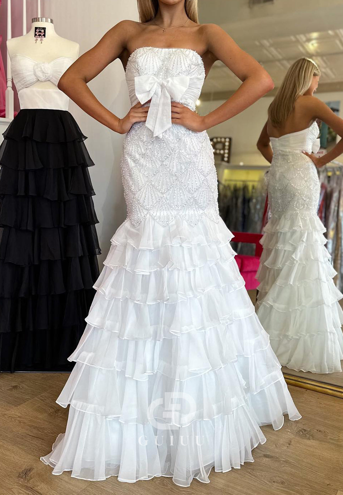 White Strapless Sleeveless Ruffles Bowknot Prom Dress