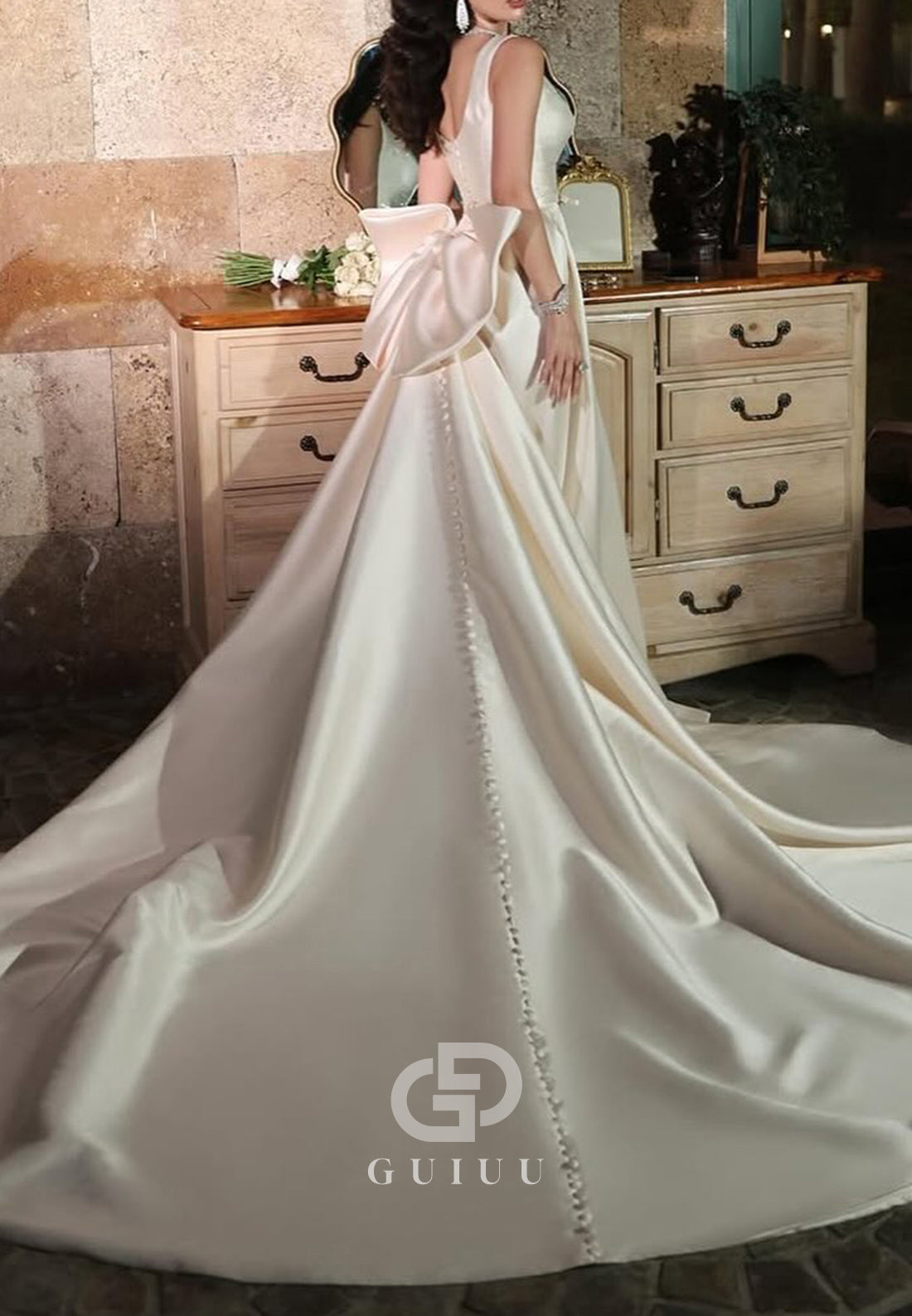 A-Line Spaghetti Straps Square Sweep train Bowknot Prom Dress