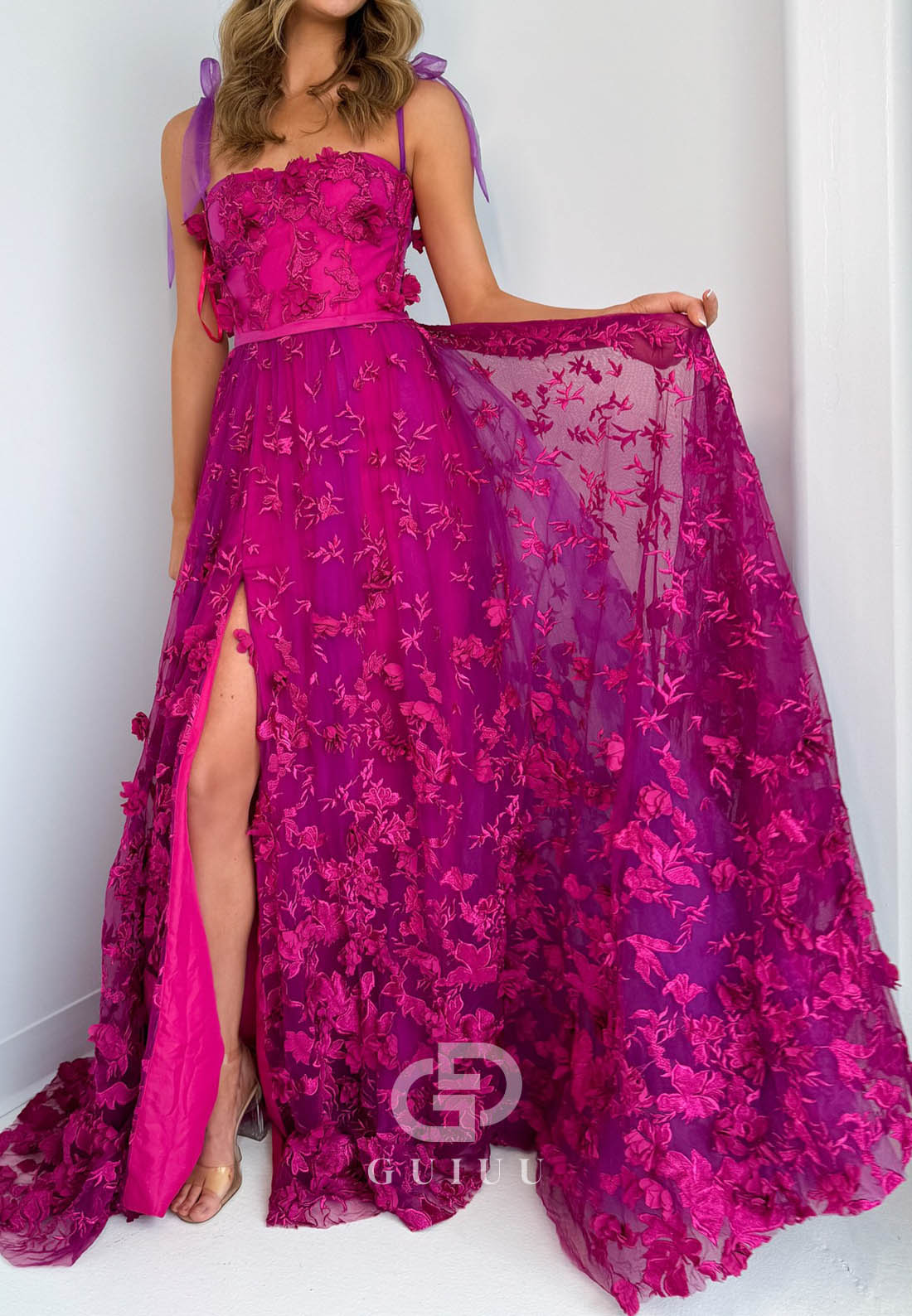 Fuchsia Spaghetti Straps Scoop Slit Appliques Prom Dress