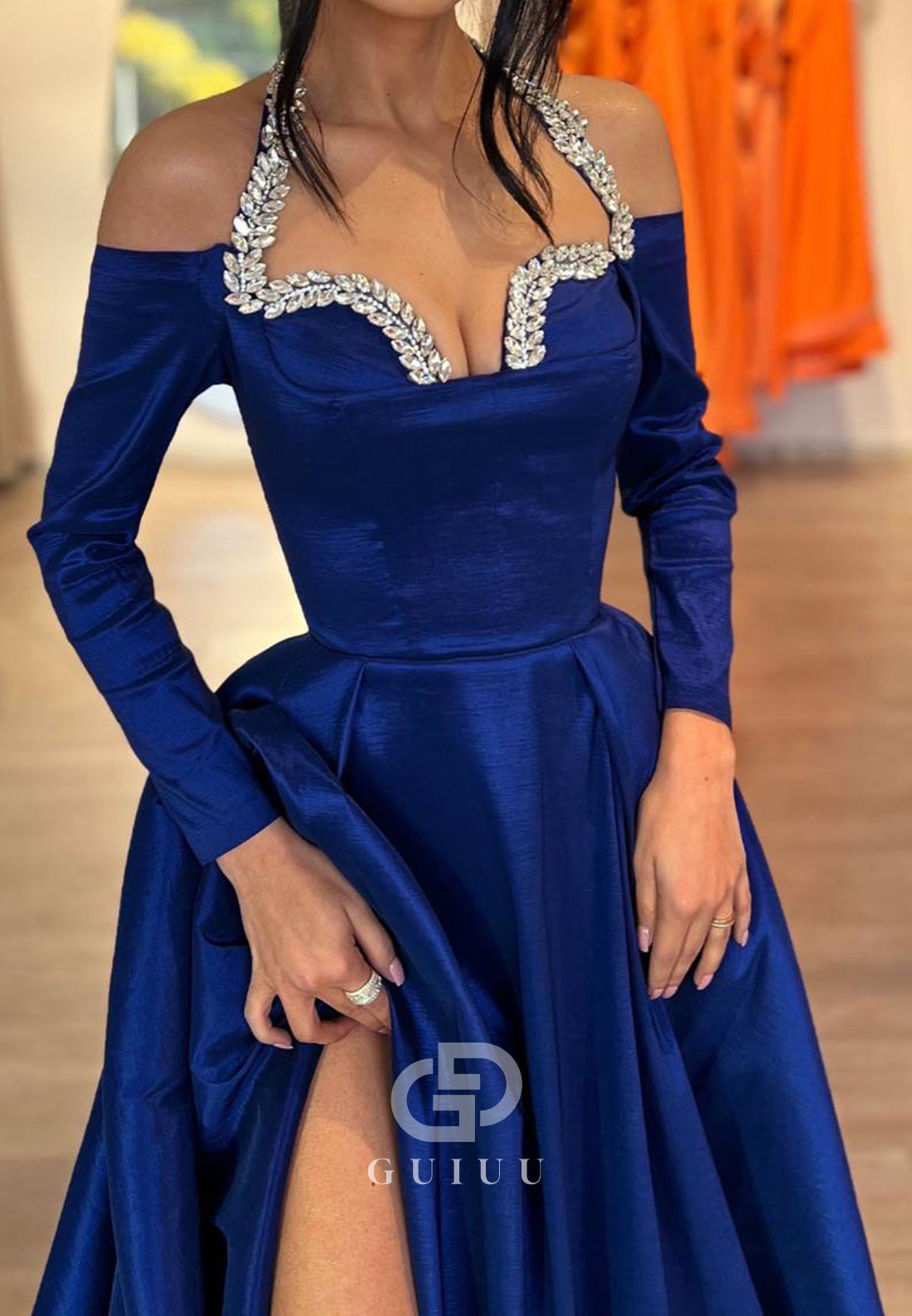 Royal Blue Long Sleeves Sweetheart Slit Ruched Evening Dress
