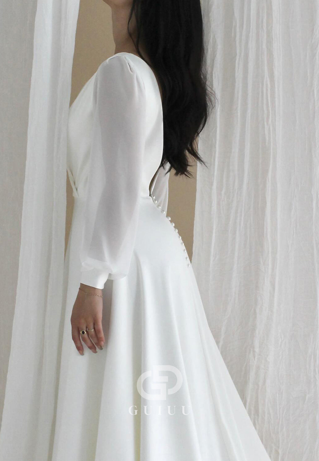 A-Line Long Sleeves V-Neck Empire-Waist Wedding Dress