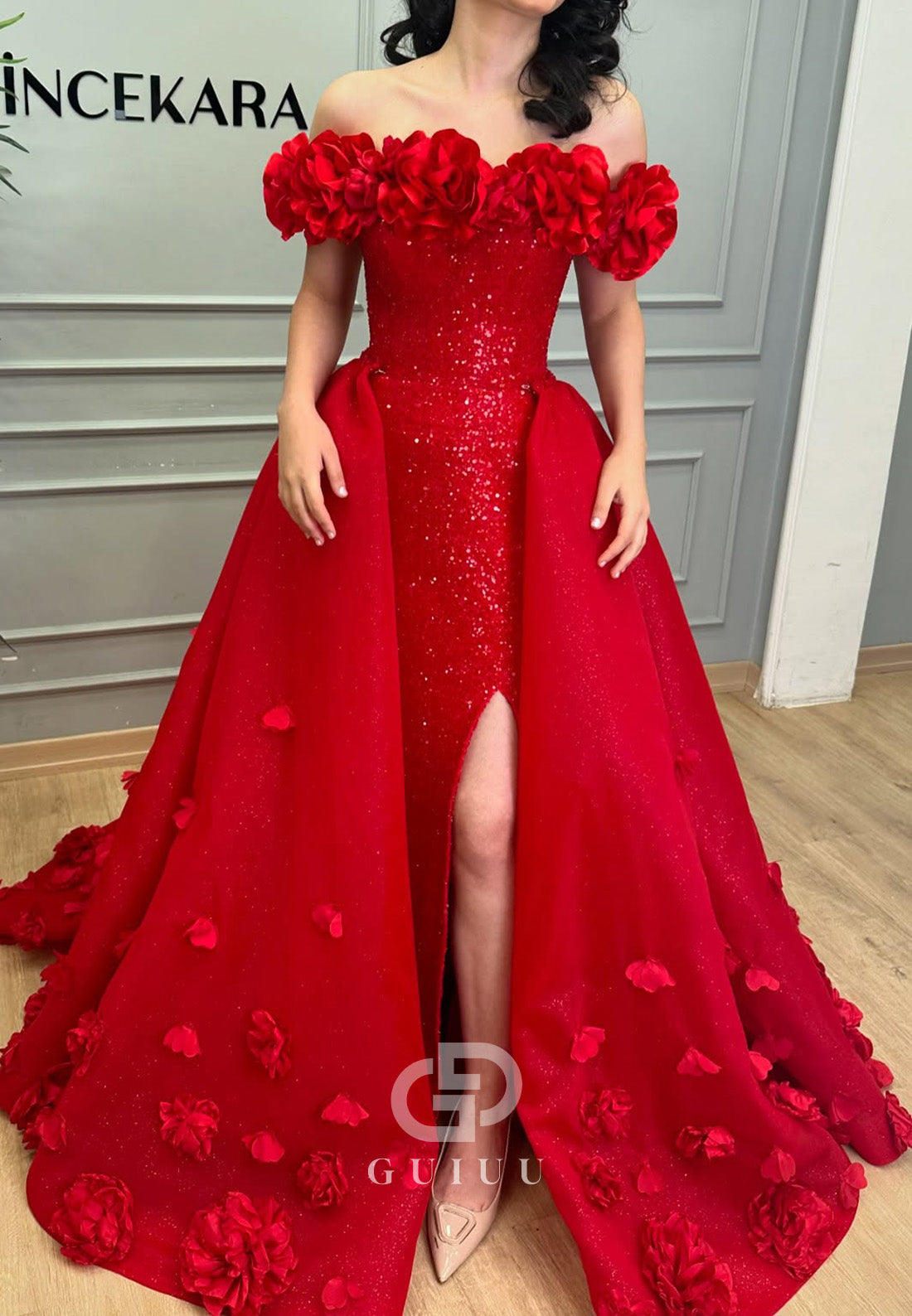Red Off-Shoulder Slit Sequins Sweep Train Wedding Dress