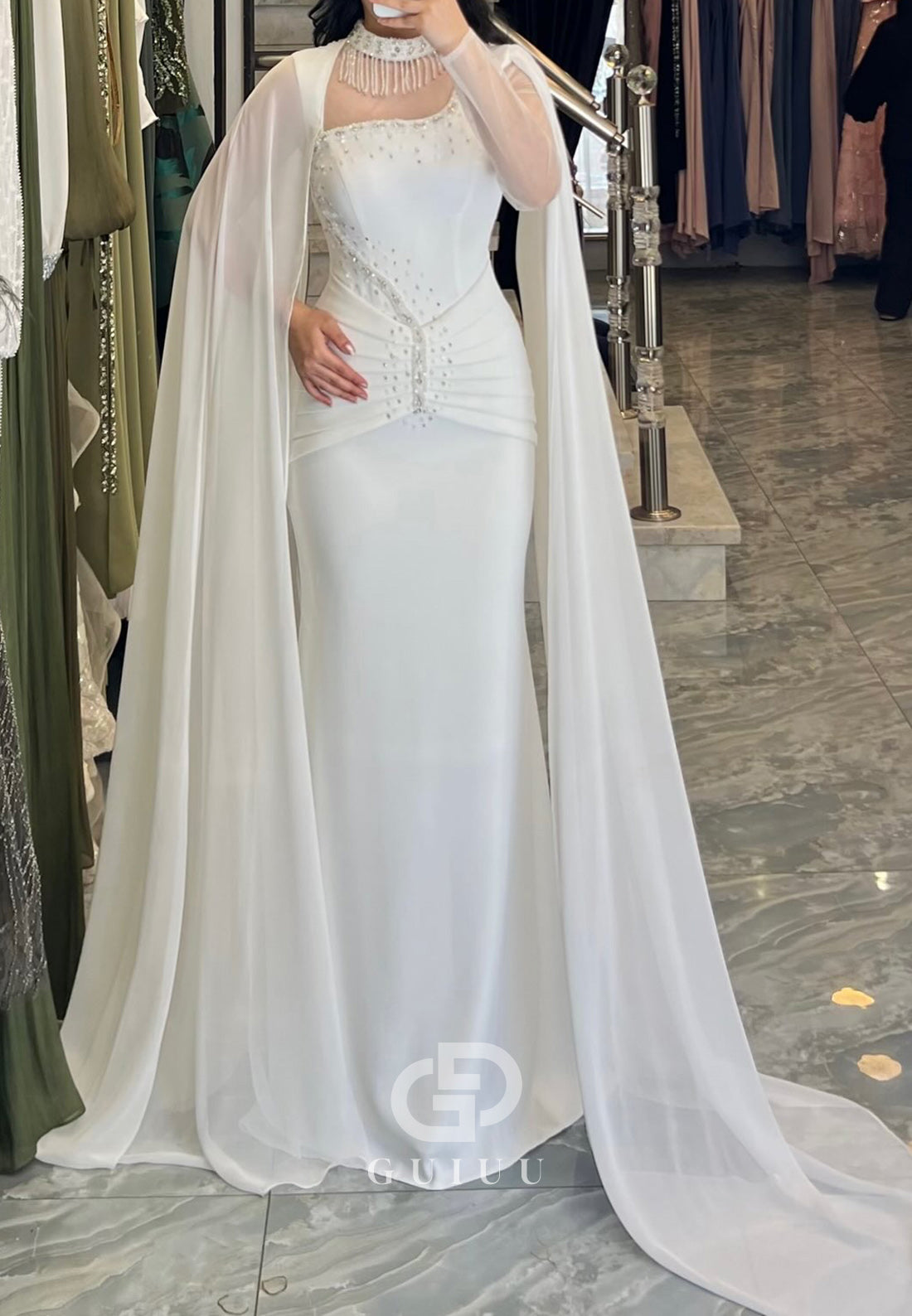 White Cape Halter Sequins Satin Evening Dress