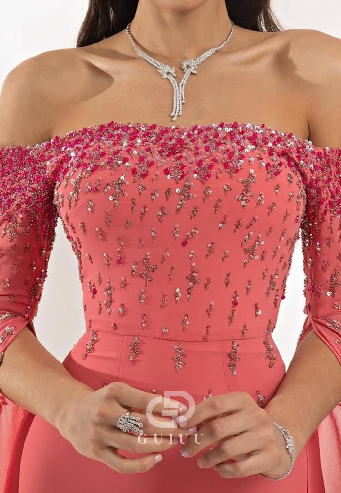 Watermelon Long Sleeves Off-Shoulder Sequins Evening Dress