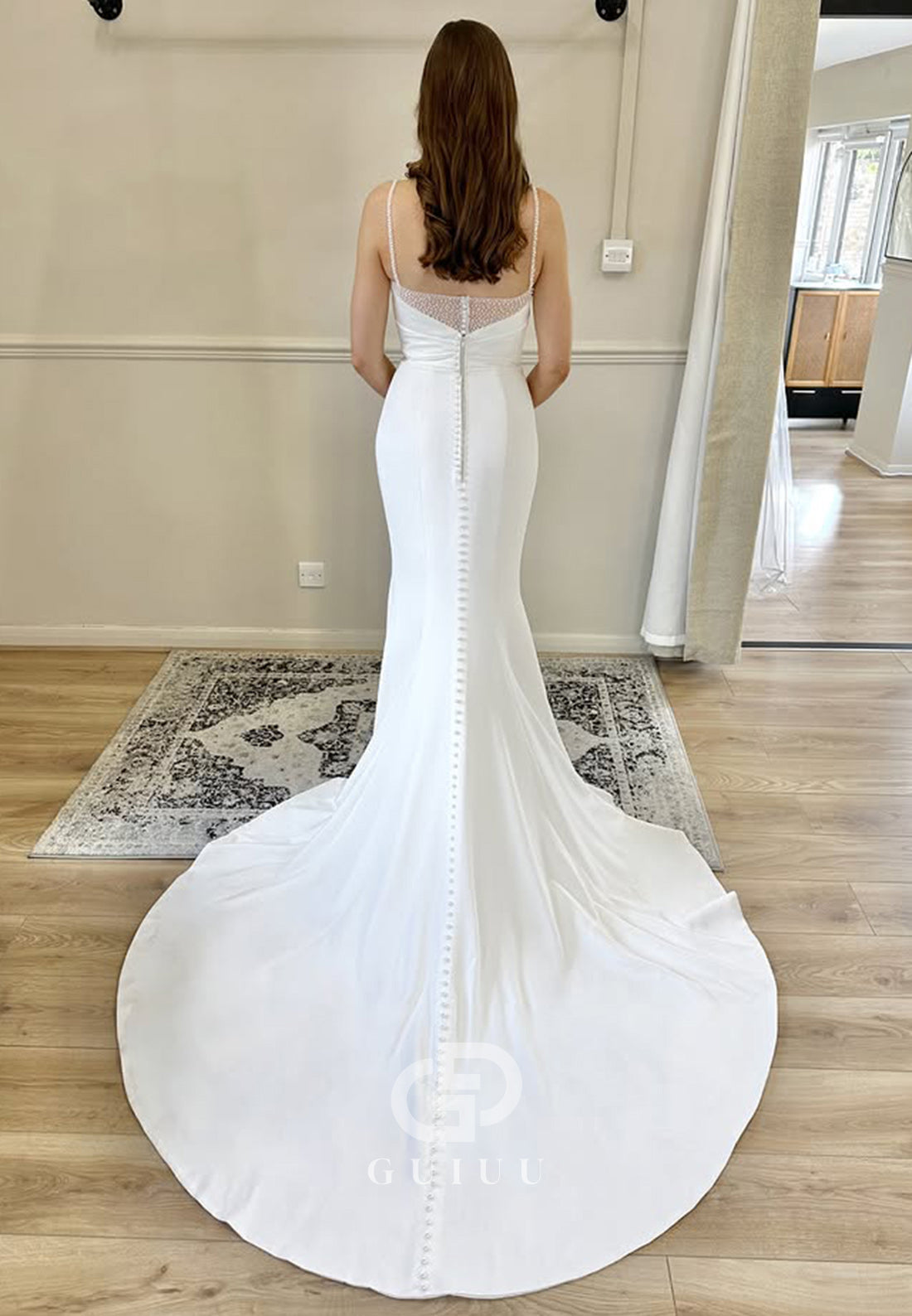 Spaghetti Straps Square Mermaid Satin Wedding Dress
