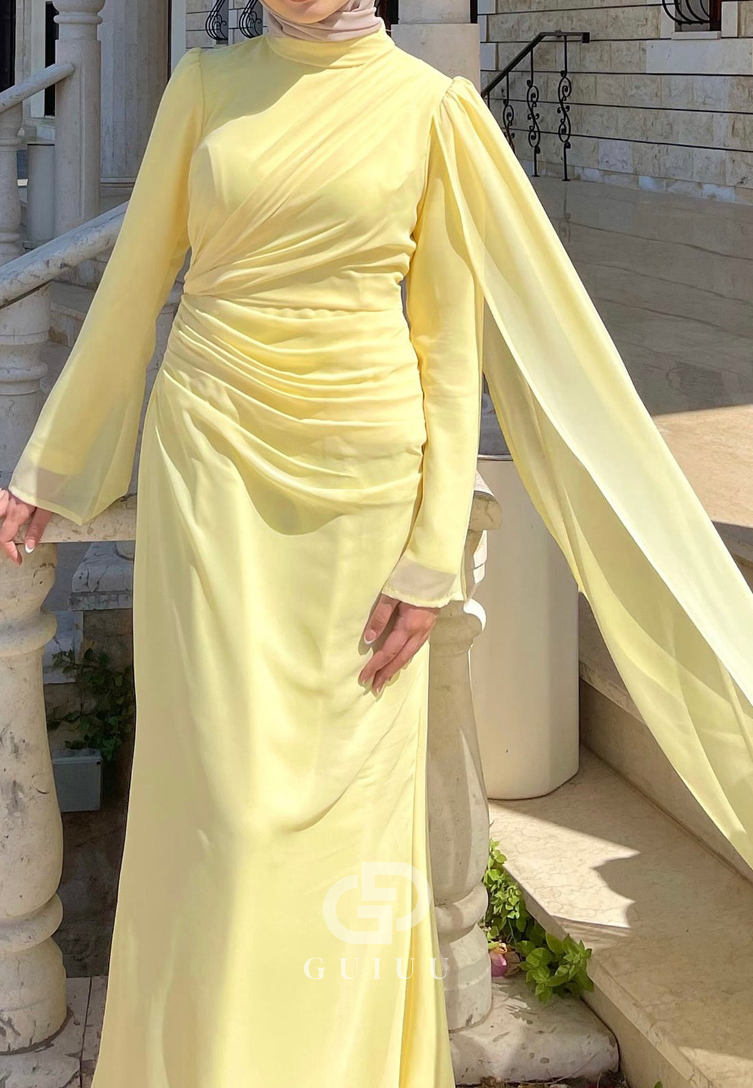Daffodil Scoop Long Sleeves Ruched A-Line Evening Dress