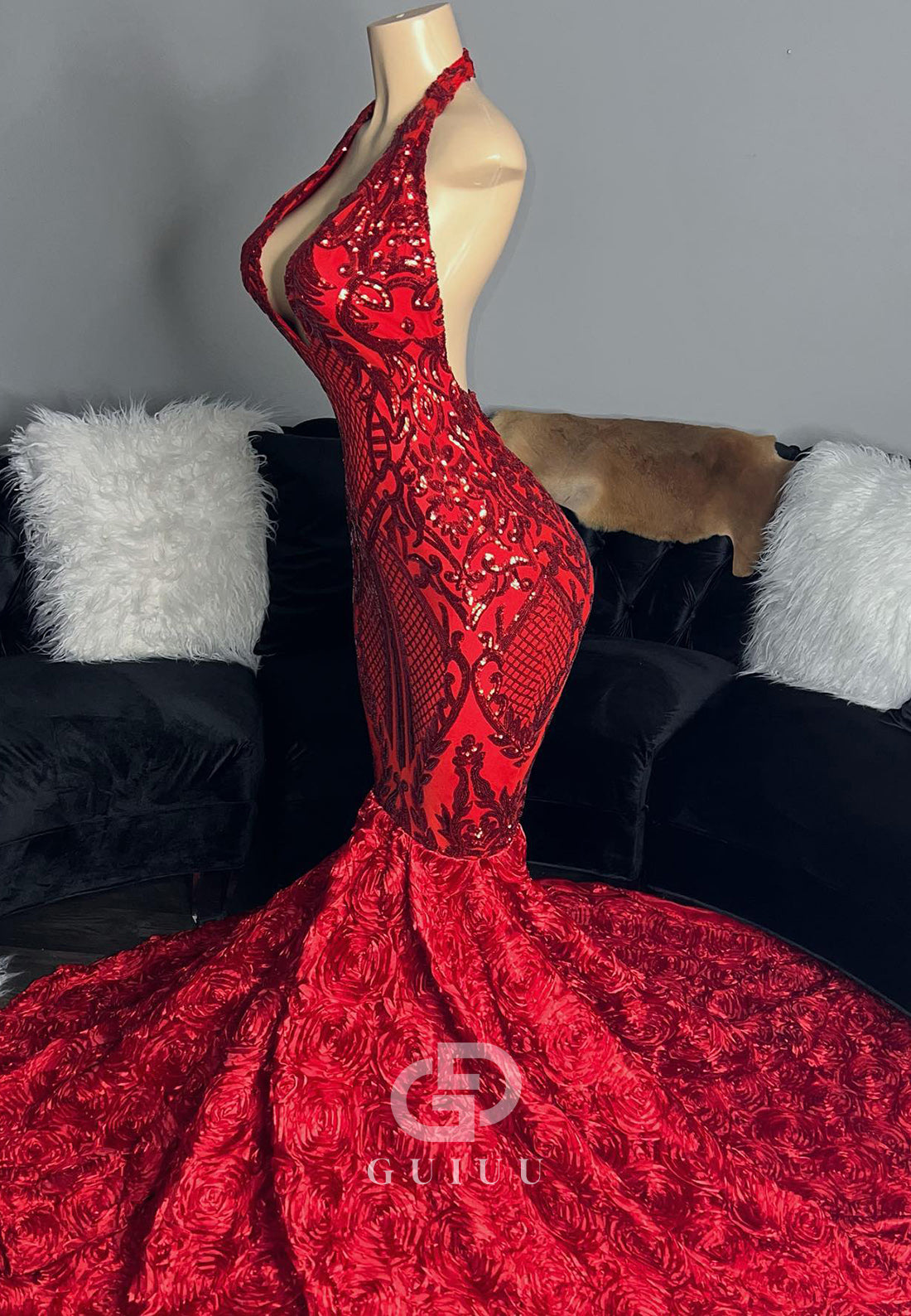 Red Halter Sleeveless Backless Mermaid Prom Dress for Black Girl