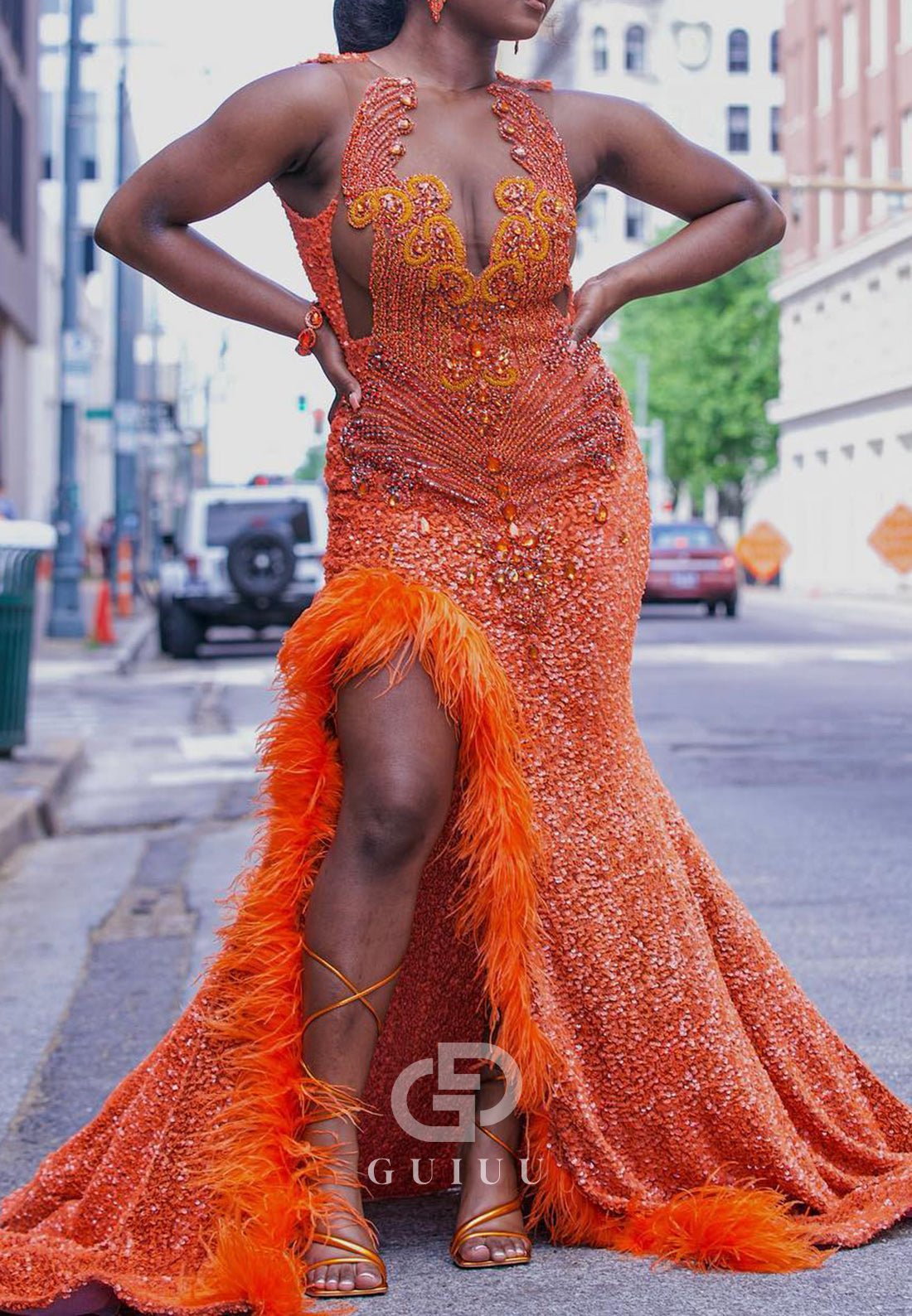 Papaya Sleeveless Halter Sequins Slit Feathers Prom Dress for Black Girl