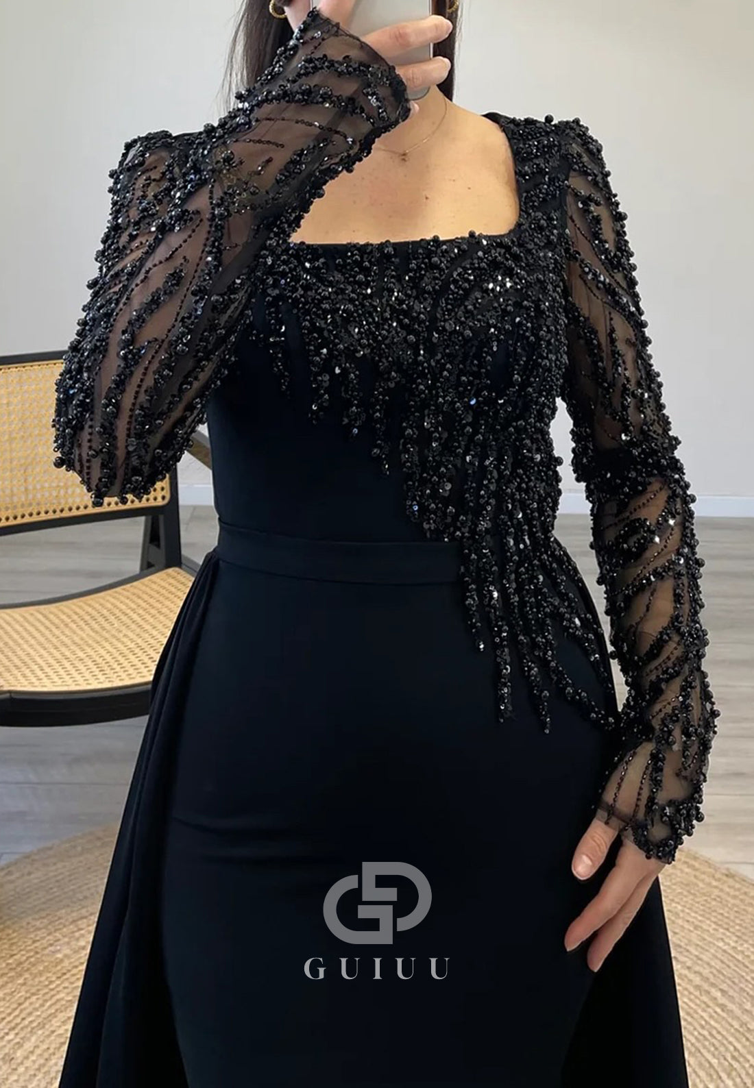 Black Long Sleeves Square Sequins A-Line Evening Dress