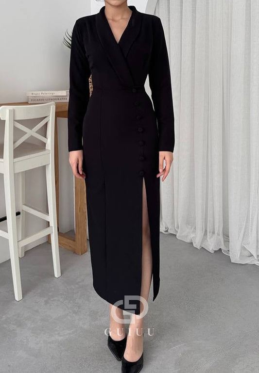 Simple Long Sleeves V-Neck Slit Work Dress