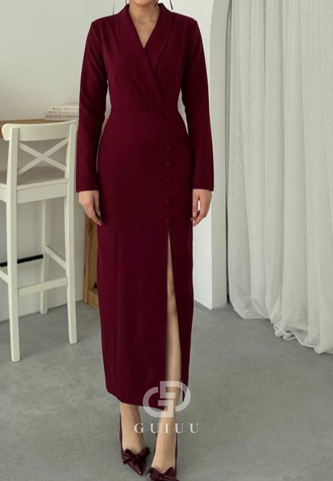 Simple Long Sleeves V-Neck Slit Work Dress