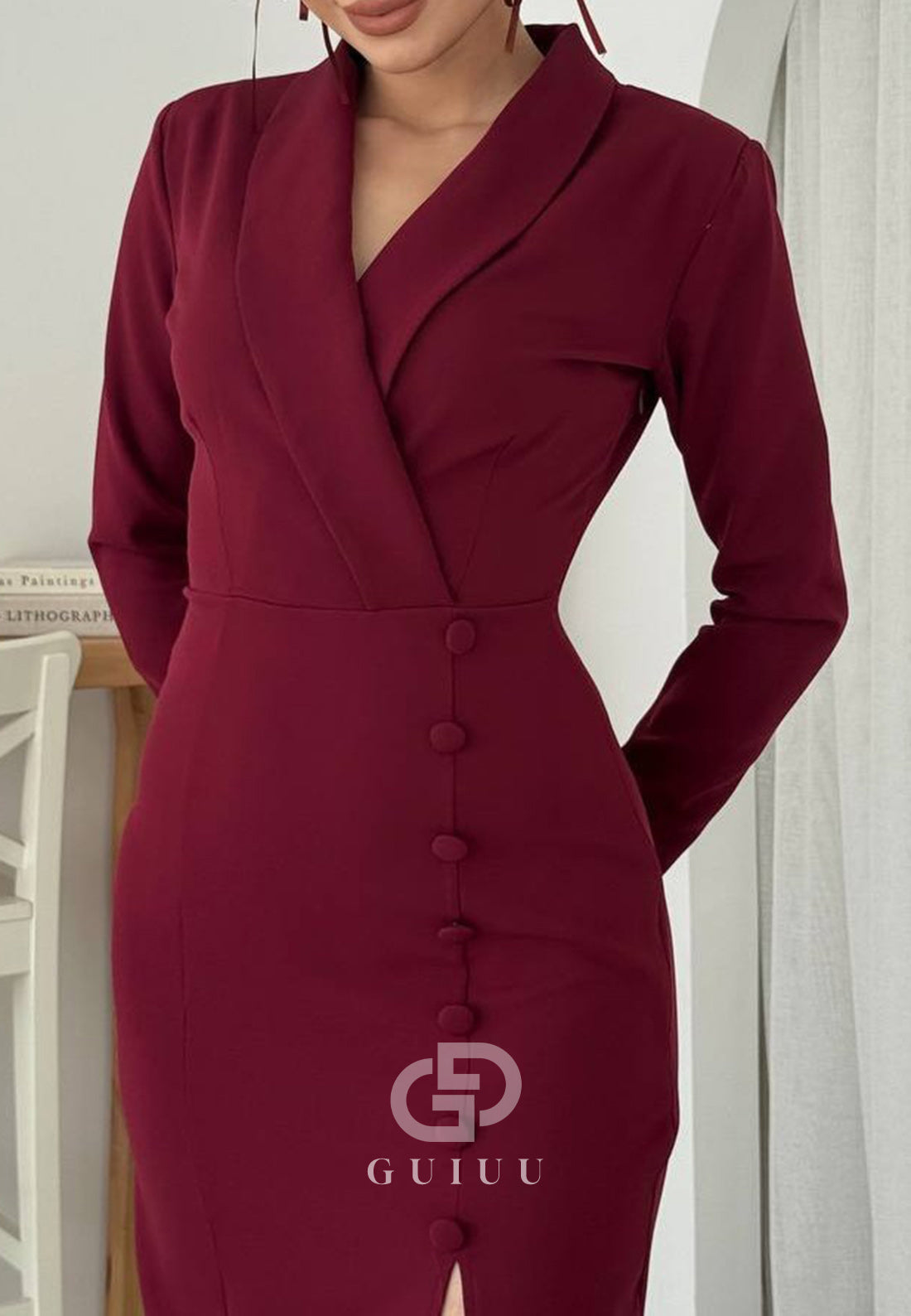 Simple Long Sleeves V-Neck Slit Work Dress