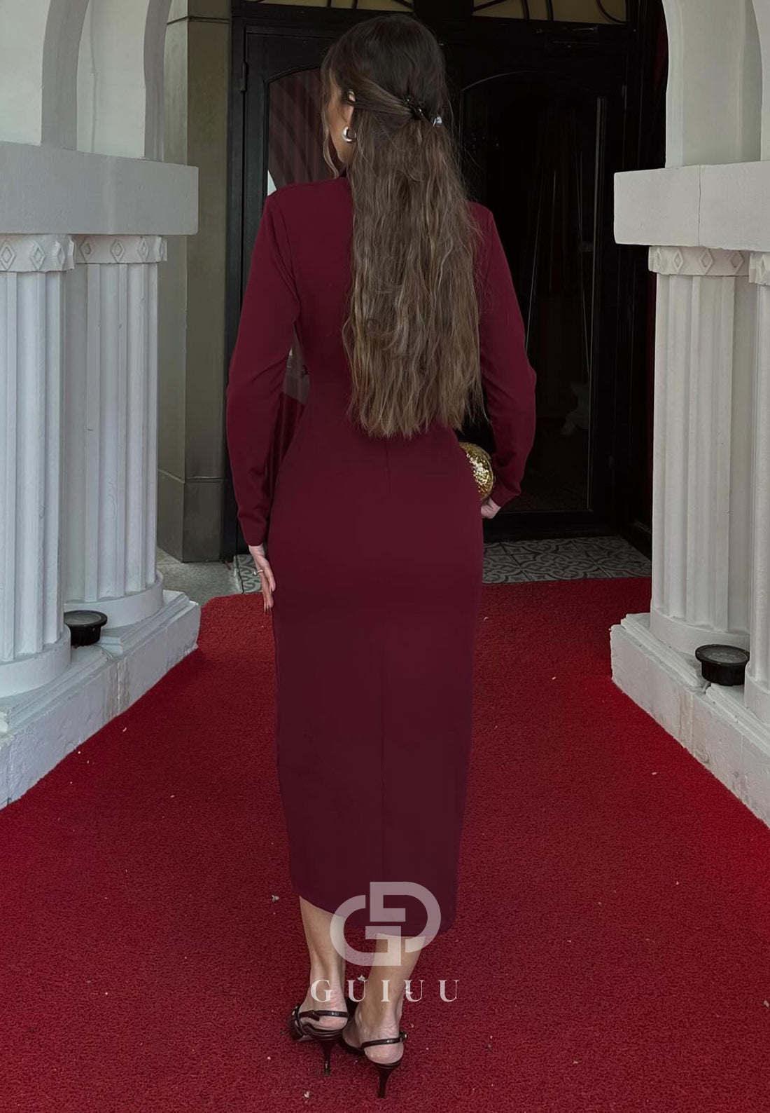 Simple Long Sleeves V-Neck Slit Work Dress