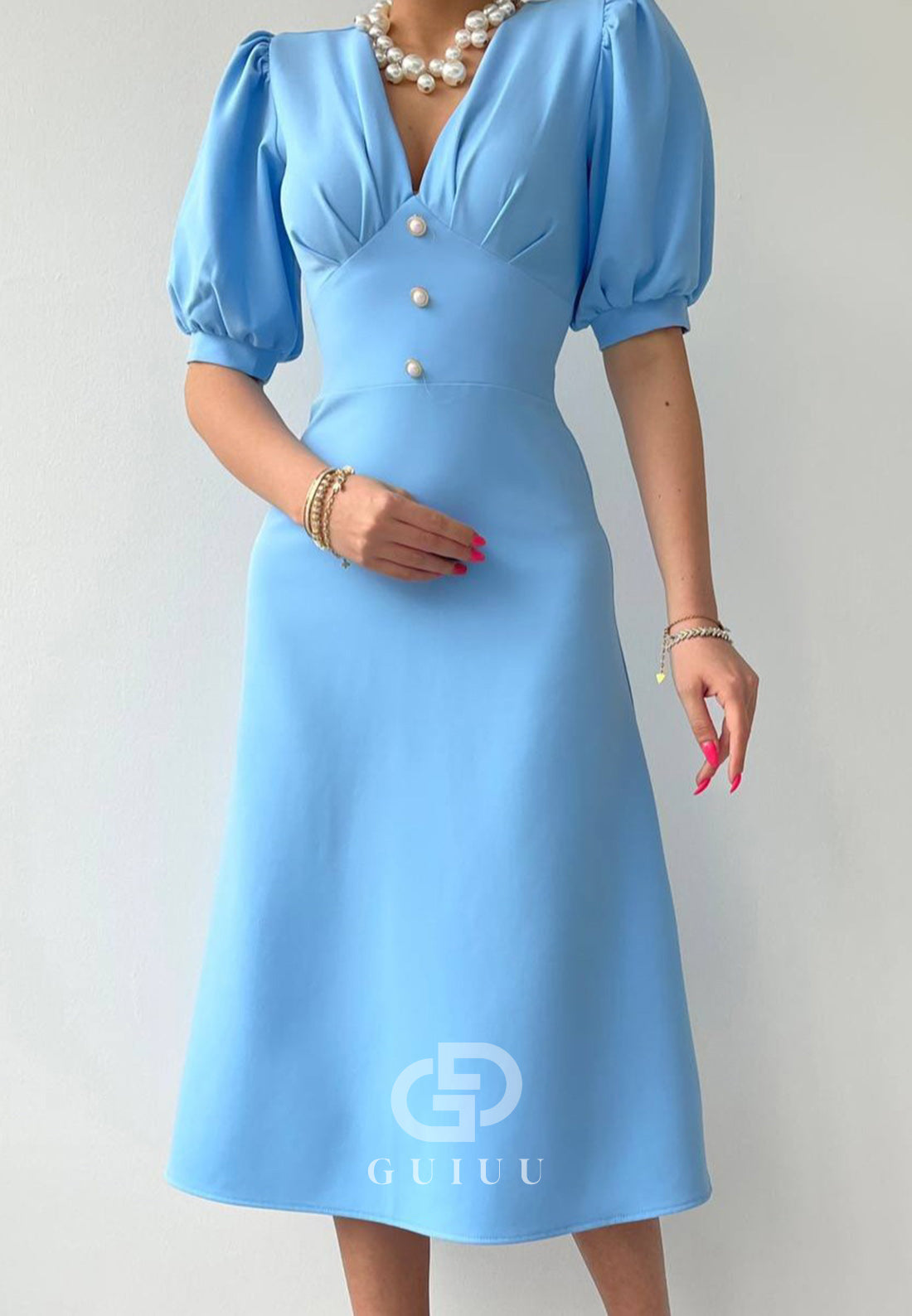 Simple Short Sleeves V-Neck Work Dress