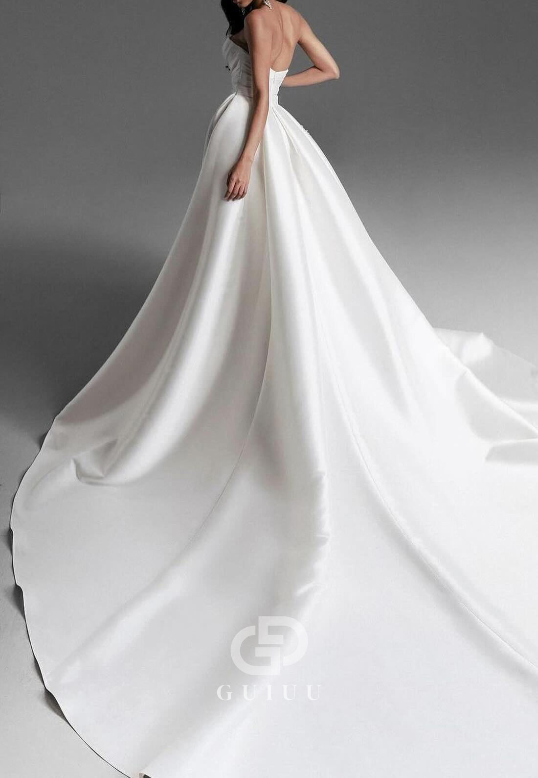 A-Line Strapless Sleeveless Bowknot Sequins Slit Wedding Dress