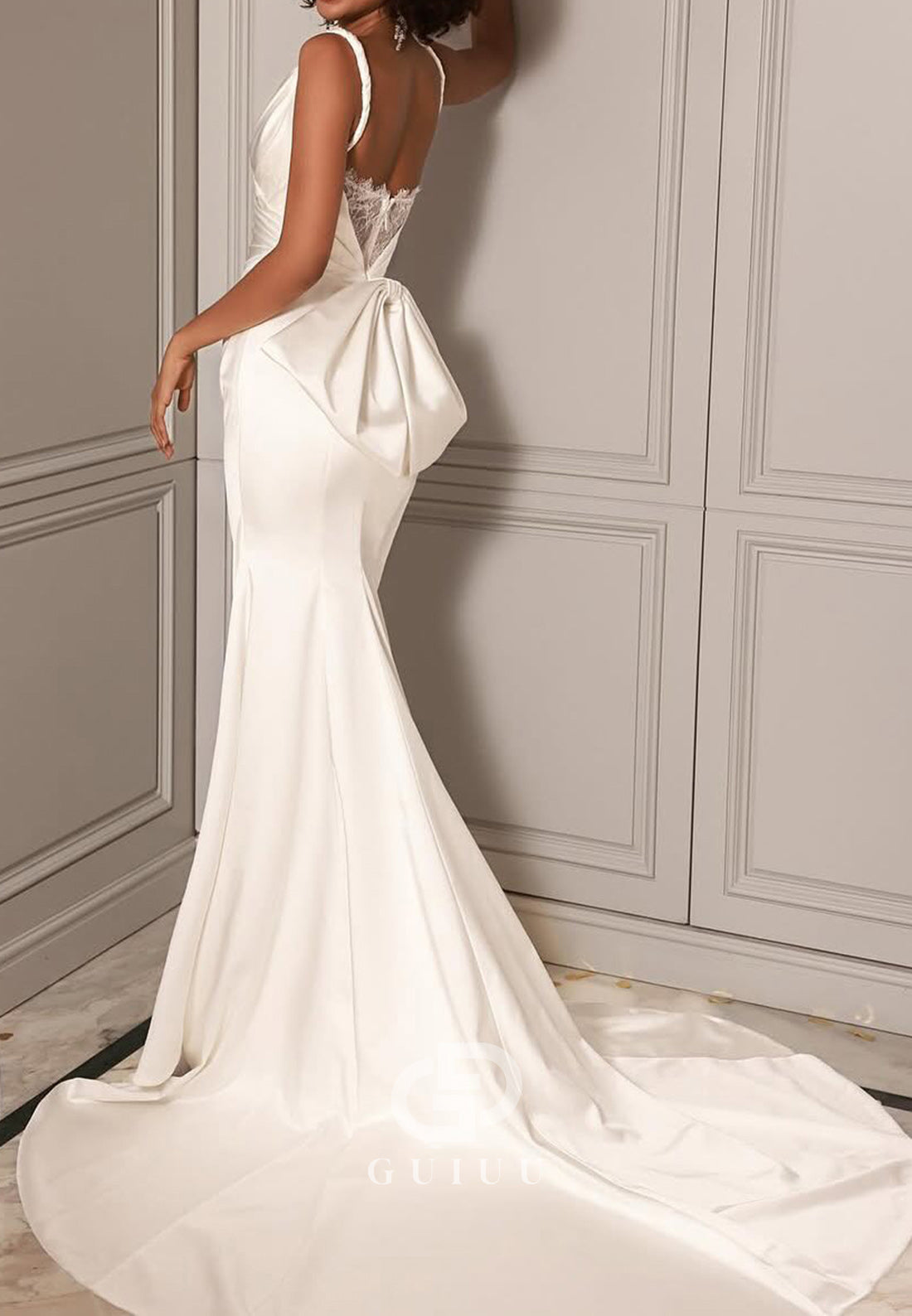 Sheath Spaghetti Straps V-Neck Ruched Bowknot Wedding Dress