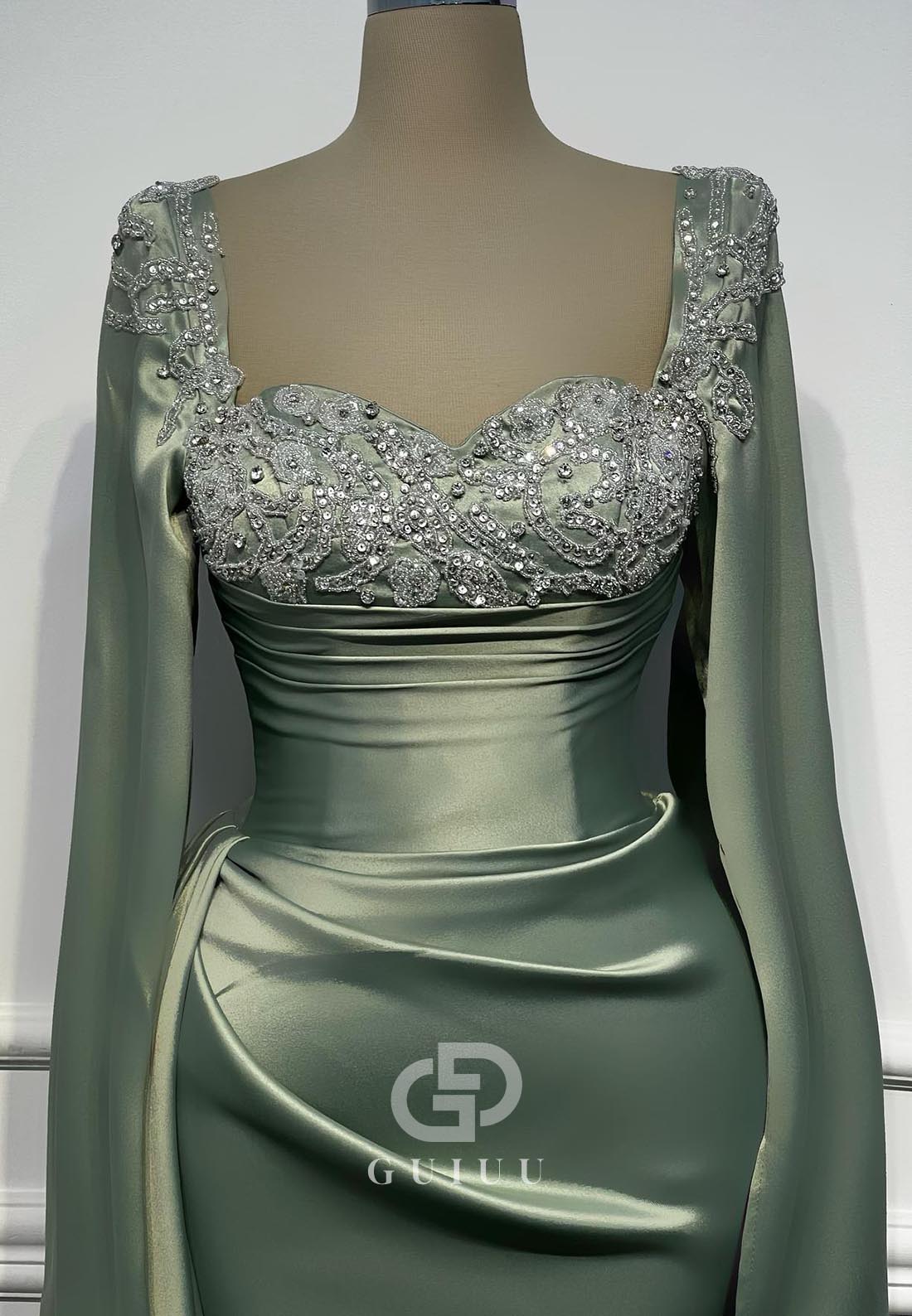 Dusty Sage Long Sleeves Square Appliques Ruched Evening Dress