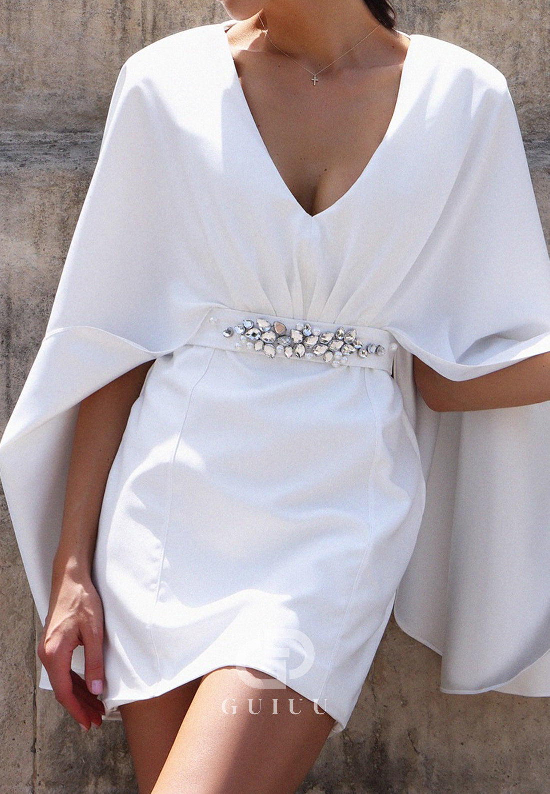White Cape V-Neck Empire-Waist Short Homecoming Dress