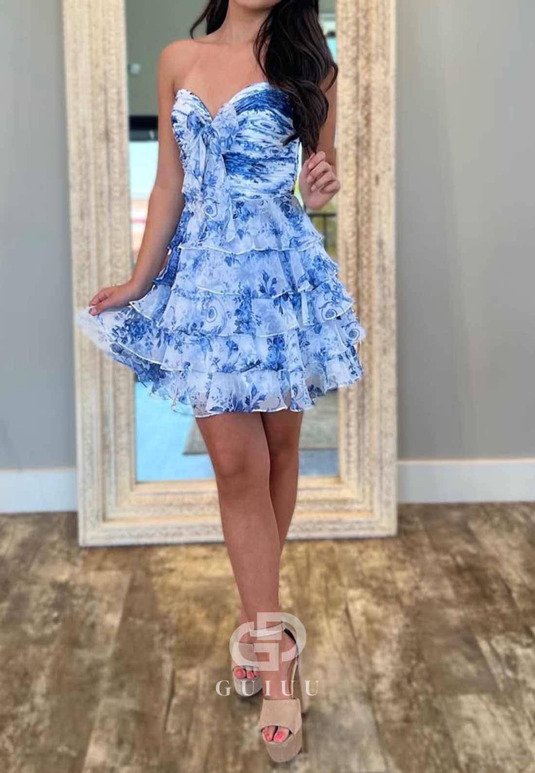 A-Line Strapless Sleeveless Ruffles Chiffon Homecoming Dress