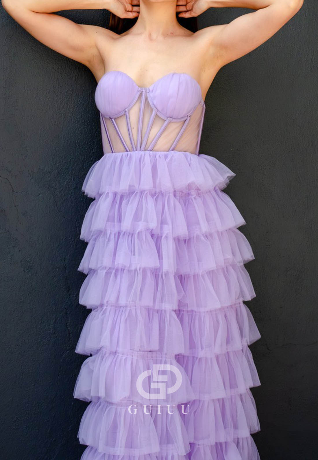 Lilac Sleeveless Strapless Ruffles Lace Prom Dress