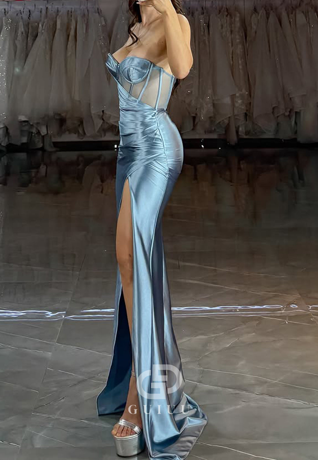 Sky Blue Sheath Sleeveless Strapless Prom Dress with Slit Evening Party Dress