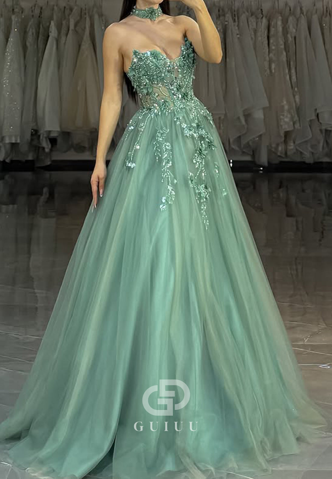 Dusty Sage A-Line Sleeveless Strapless Prom Dress with Appliques Lace Evening Dress