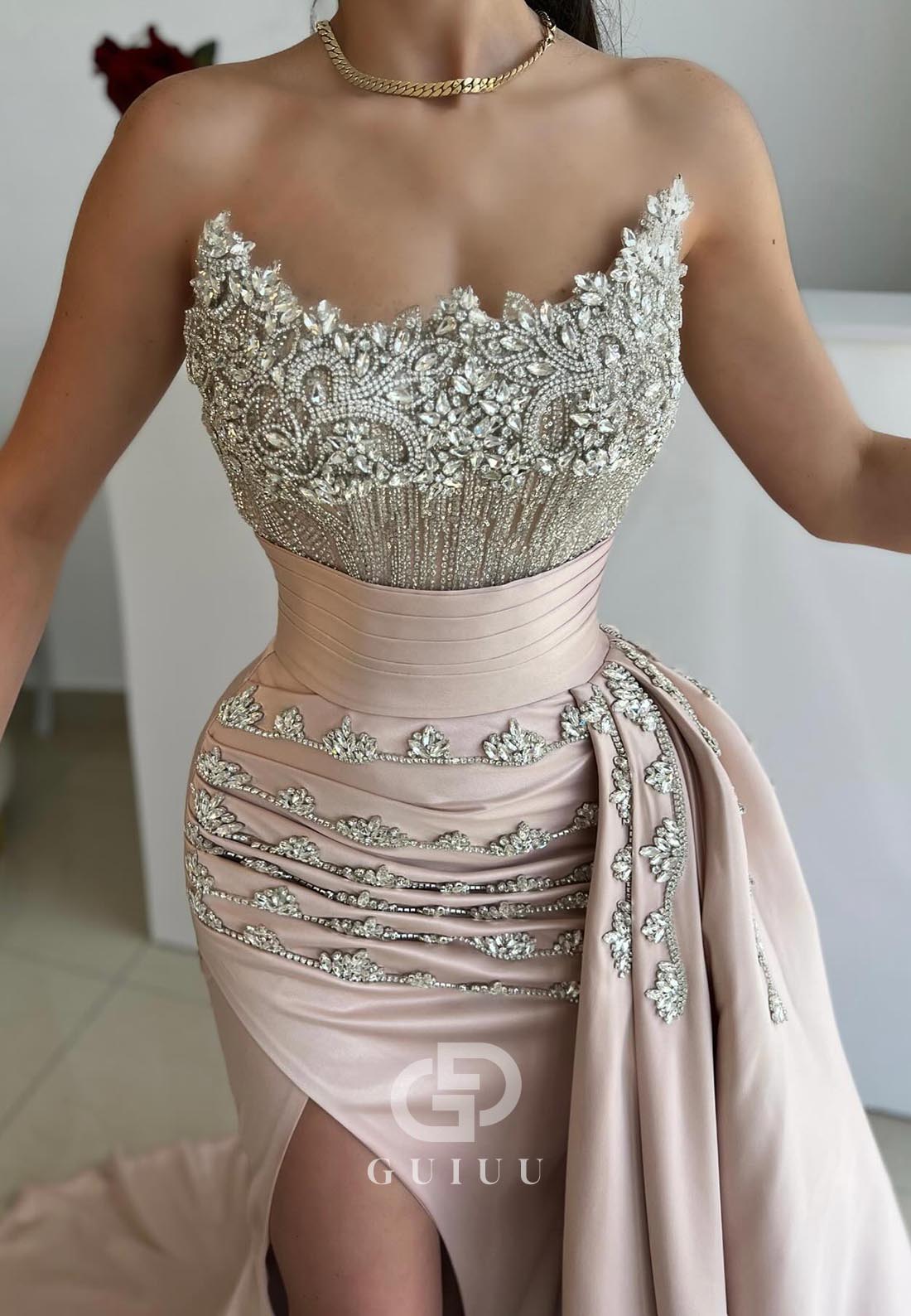 Sparkly Sheath Sleeveless Strapless Beads Evening Dress