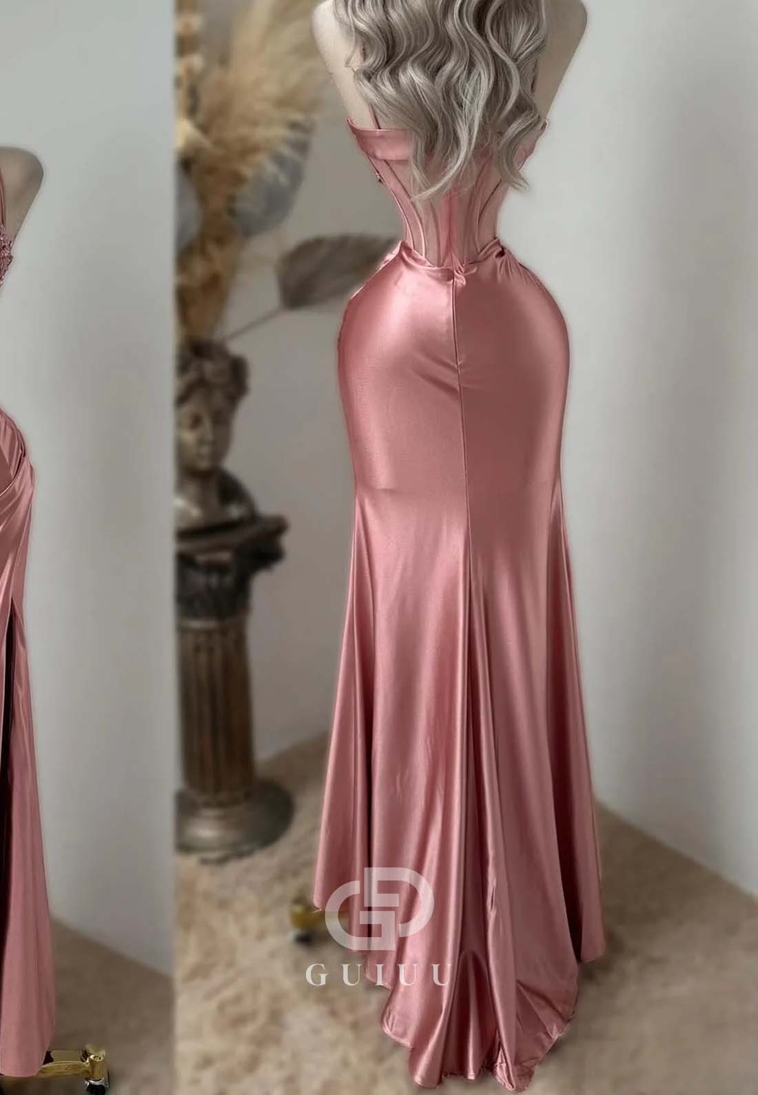 Sexy Spaghetti Straps Sweetheart Prom Dress with Slit Ruched Evening Party Dress