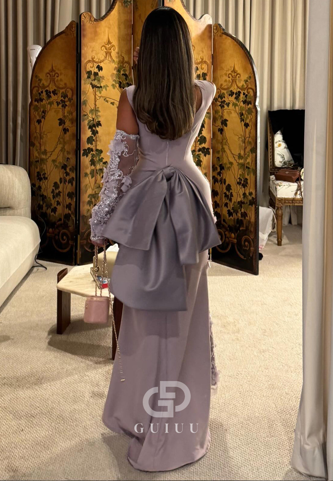 Lilac Half Sleeves Scoop Floral Appliques Prom Dress