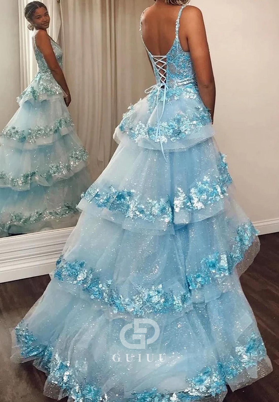 Sky Blue Spaghetti Straps Sweetheart Ruffles Prom Dress
