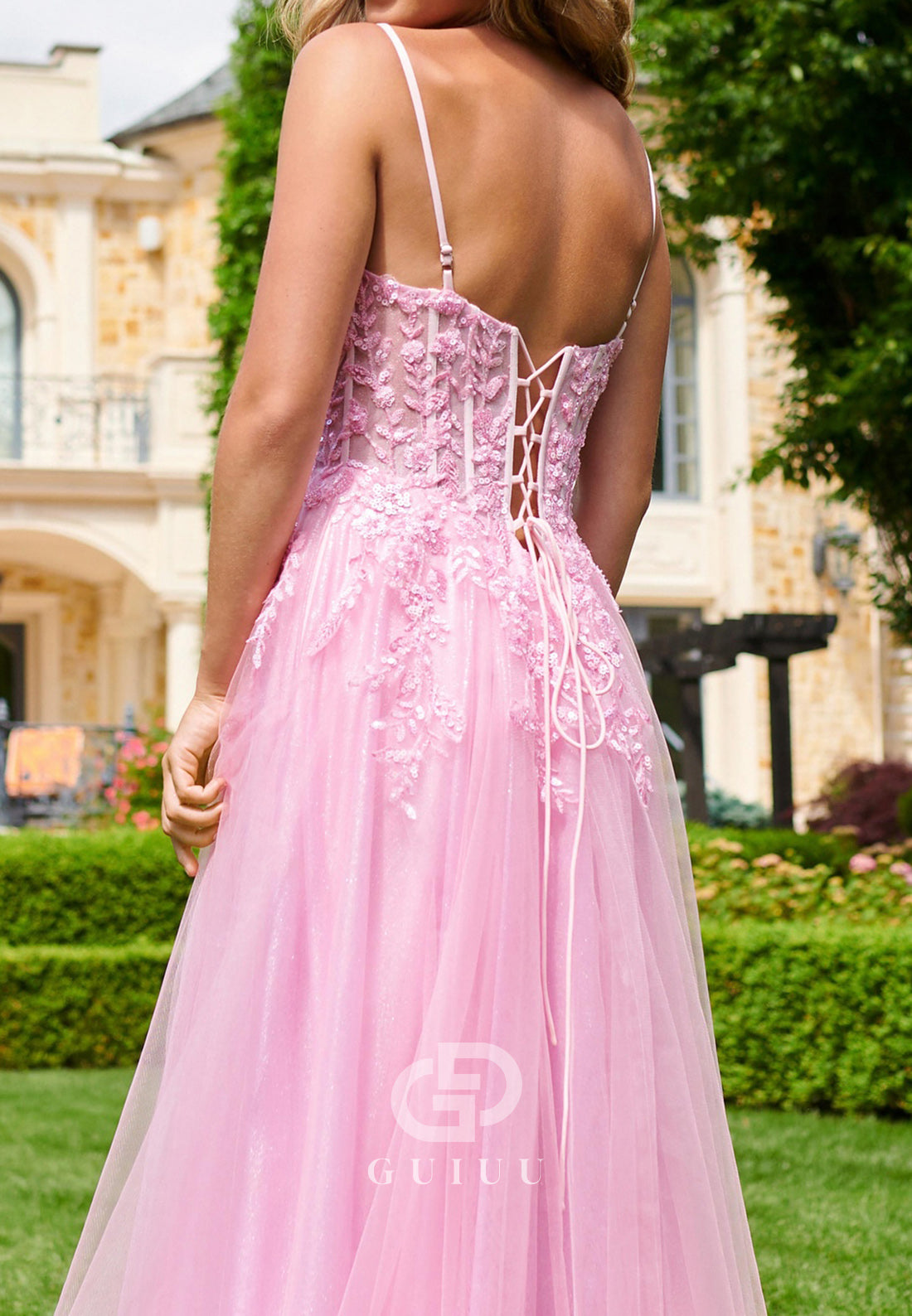 A-Line Spaghetti Straps V-Neck Prom Dress with Appliques Corset Party Dress
