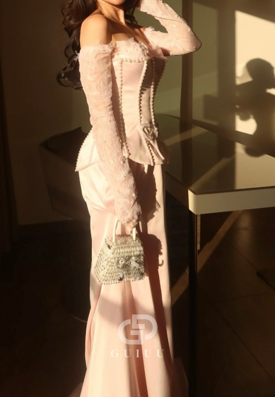 Blushing Pink Long Sleeves Sweetheart Corset Empire-Waist Prom Dress