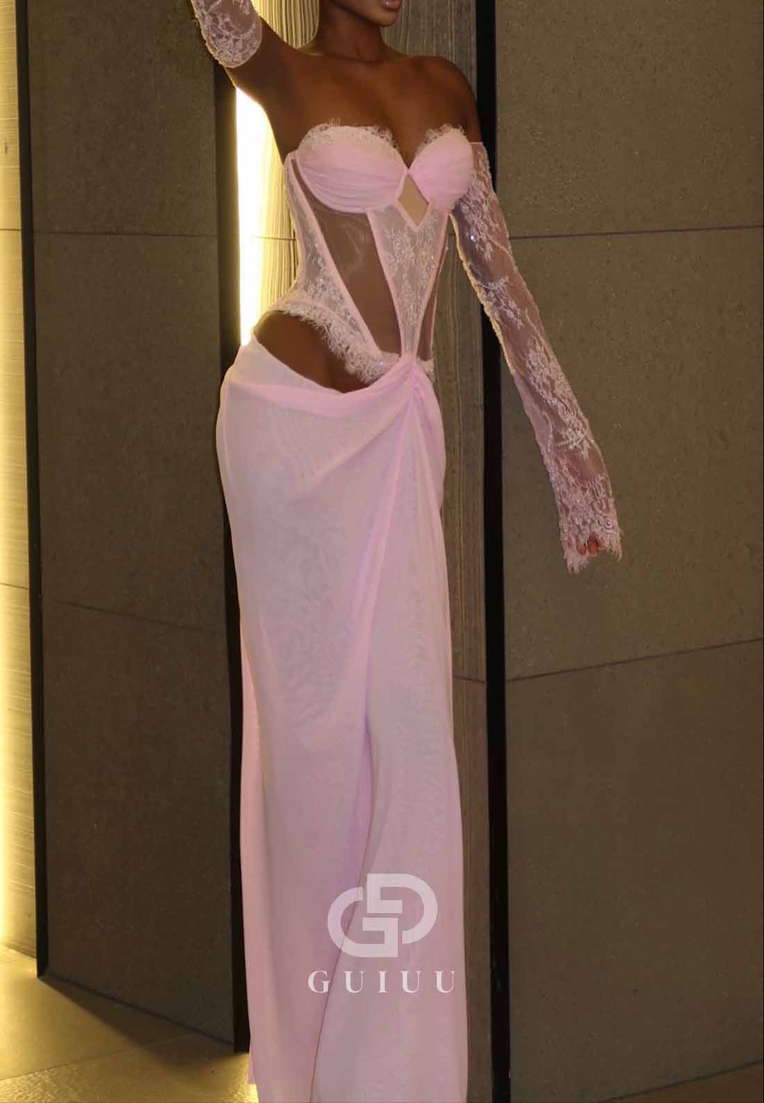 Blushing Pink Off-Shoulder Long Sleeves Ruched Corset Prom Dress