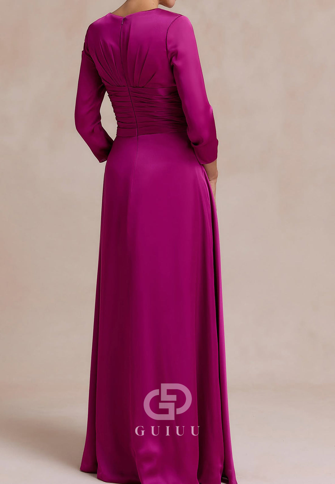 Fuchsia Long Sleeves V-Neck Empire-Waist Mother of the Bride Dress