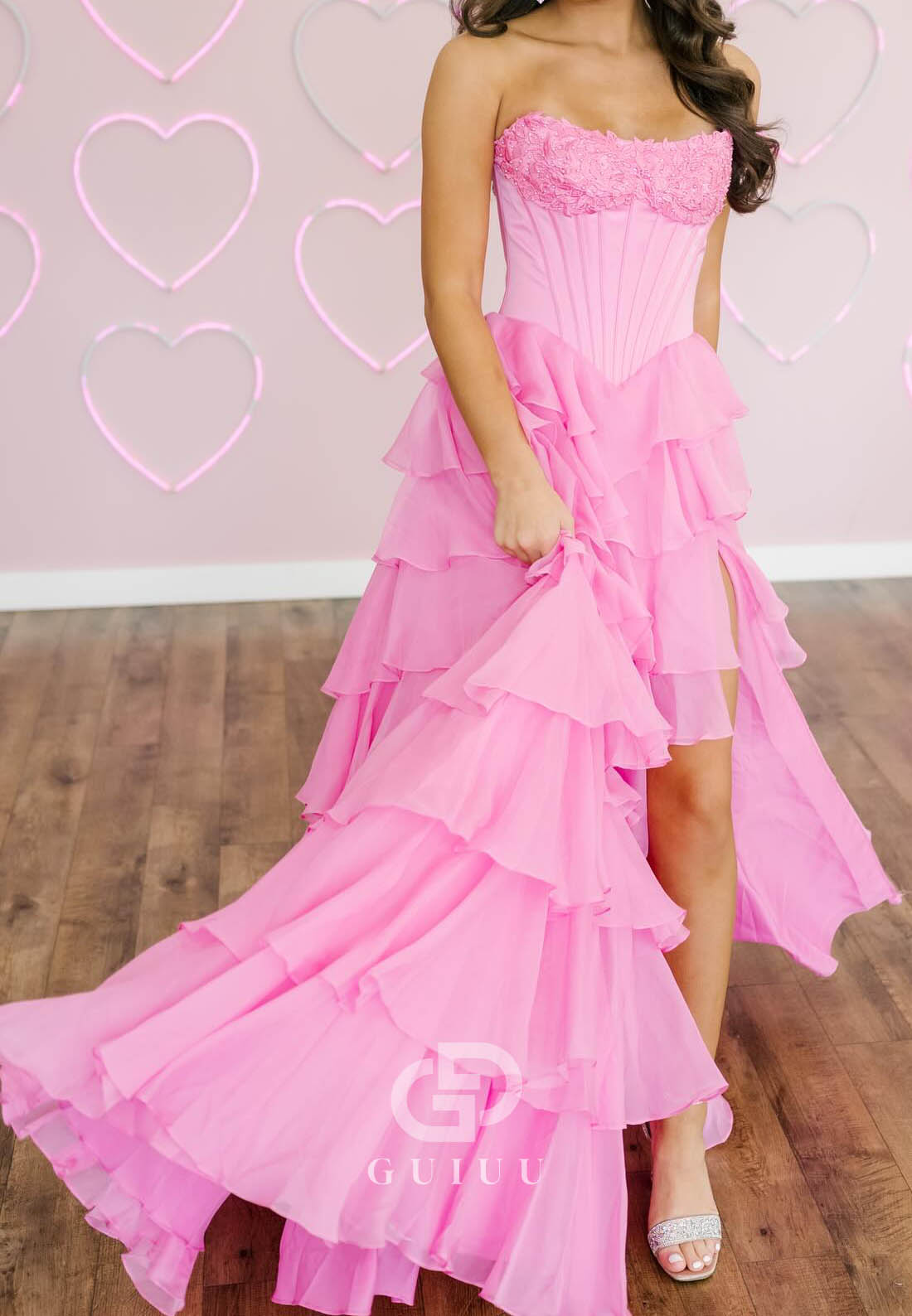 Blushing Pink Sweetheart Sleeveless Ruffles Slit Prom Dress