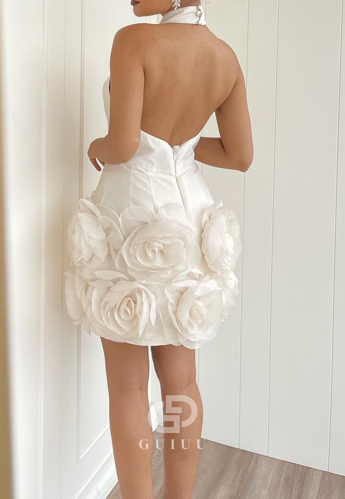White Halter Floral Appliques Mini Homecoming Dress