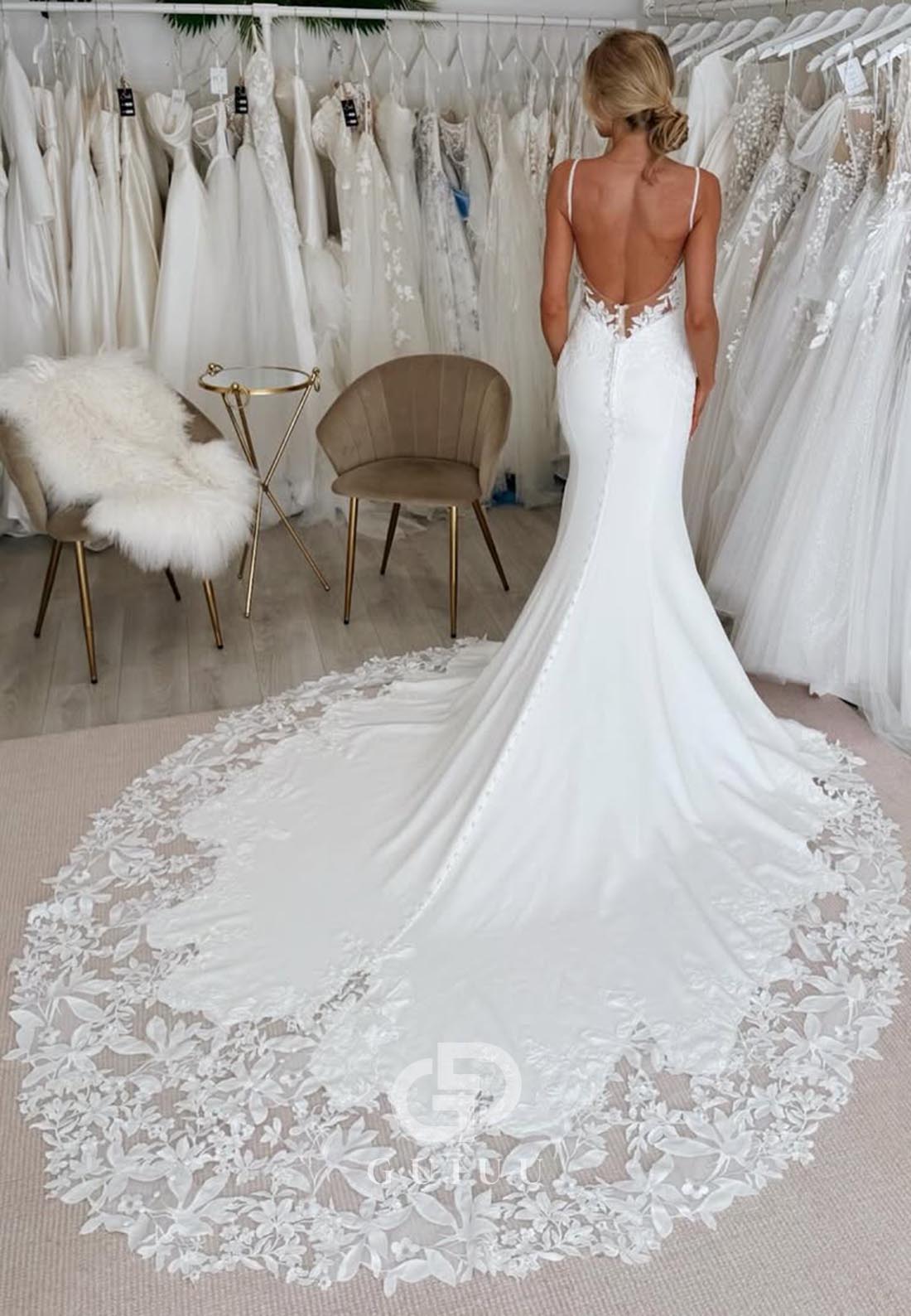 Mermaid Spaghetti Straps Sweetheart Floral Appliques Satin Wedding Dress