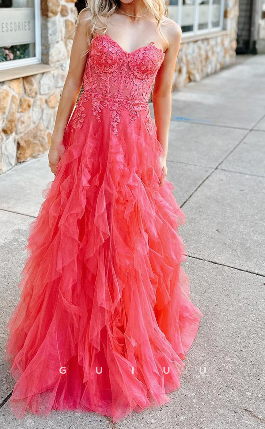 G2619 - A-Lin Strapless Straps Sleeveless Appliques Tulle Tiered Lace Up Long Prom Dress with Train