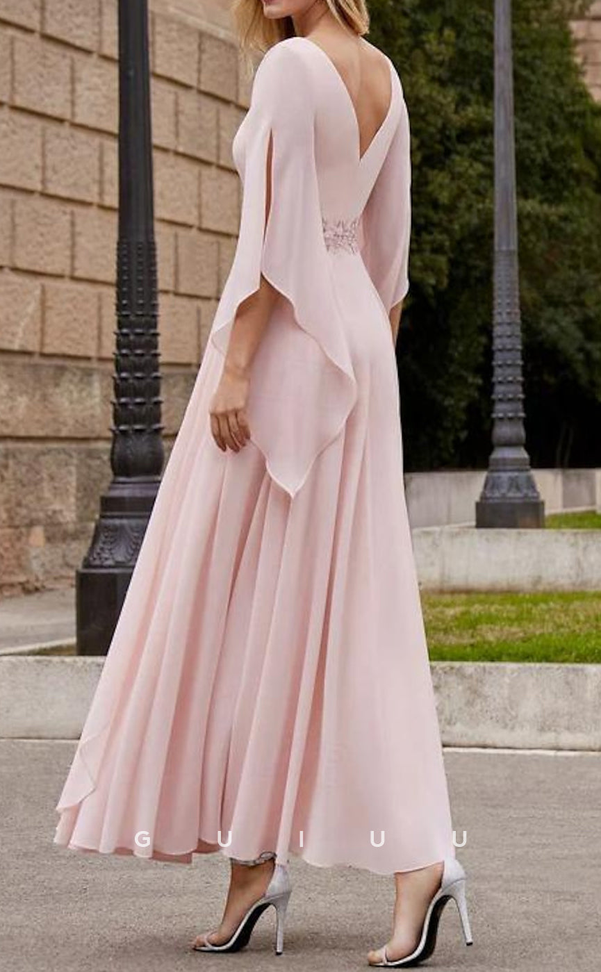 GM070 - A-Line Ankle Length 34 Length Sleeves Chiffon Mother of the Bride Dress