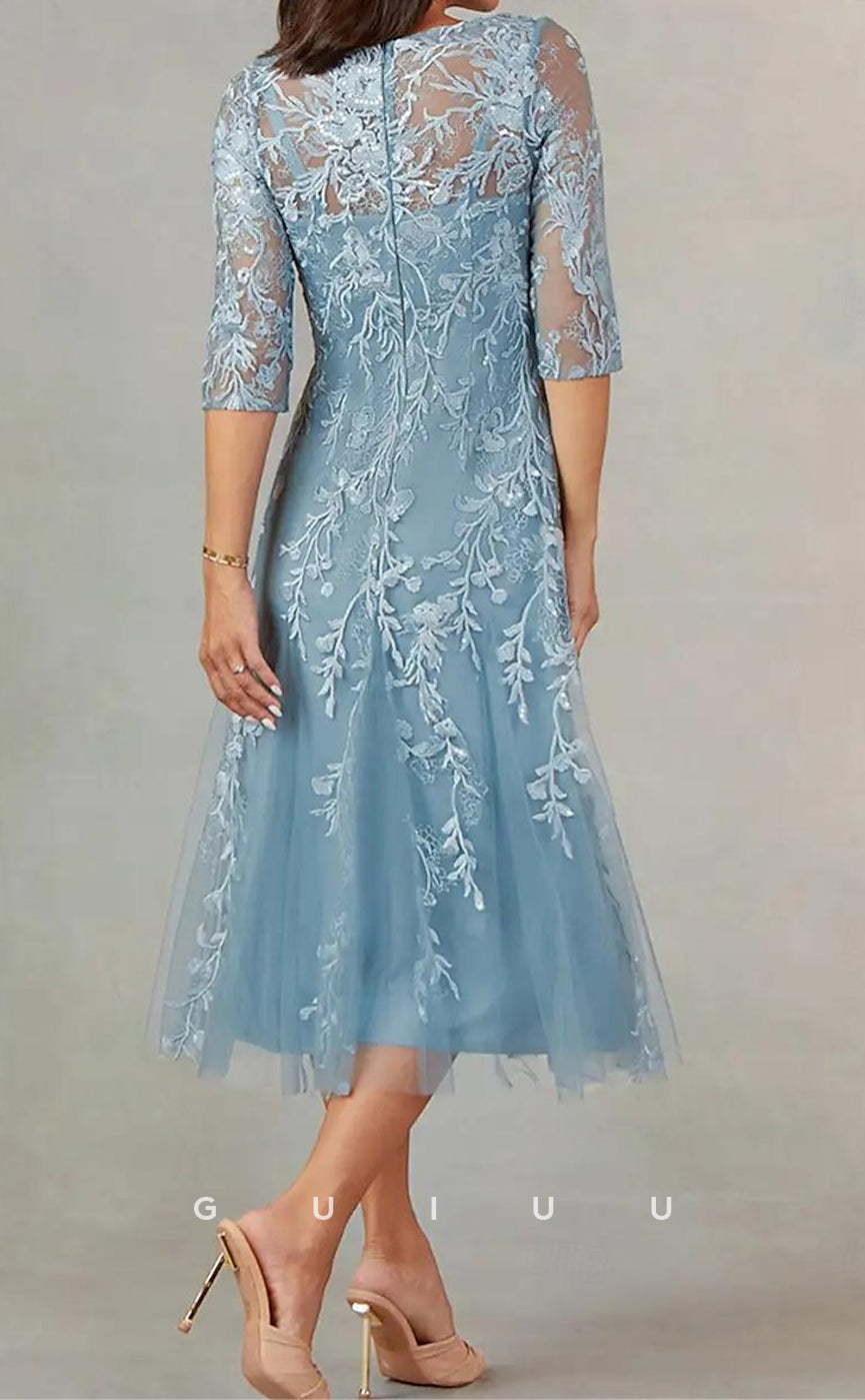 GM106 - A-Line Jewel Neck Half Sleeves Tea Length Tulle Mother of the Bride Dress