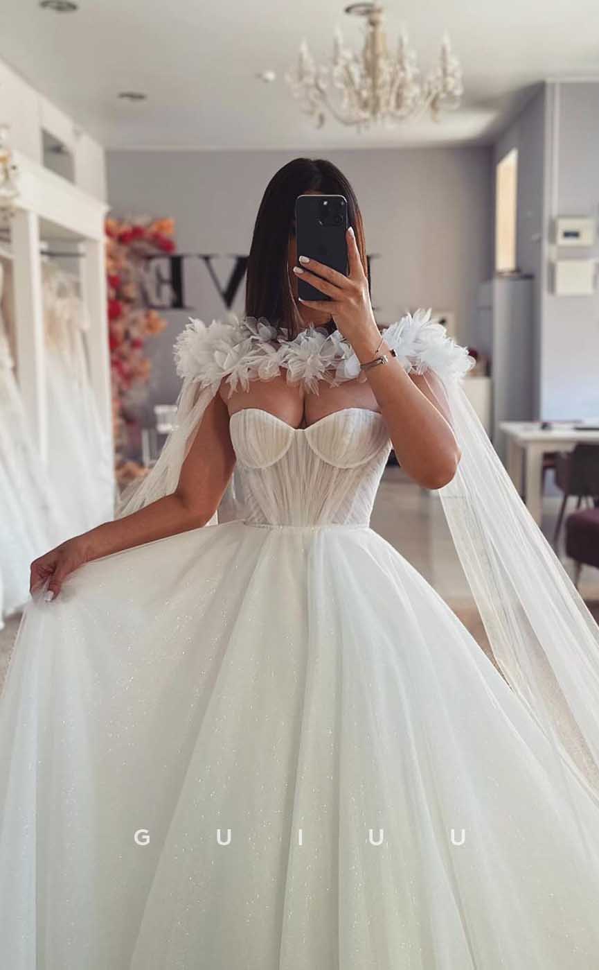 GW825 - A-Line Off-Shoulder Appliques Pleats Wedding Dress with Court Train