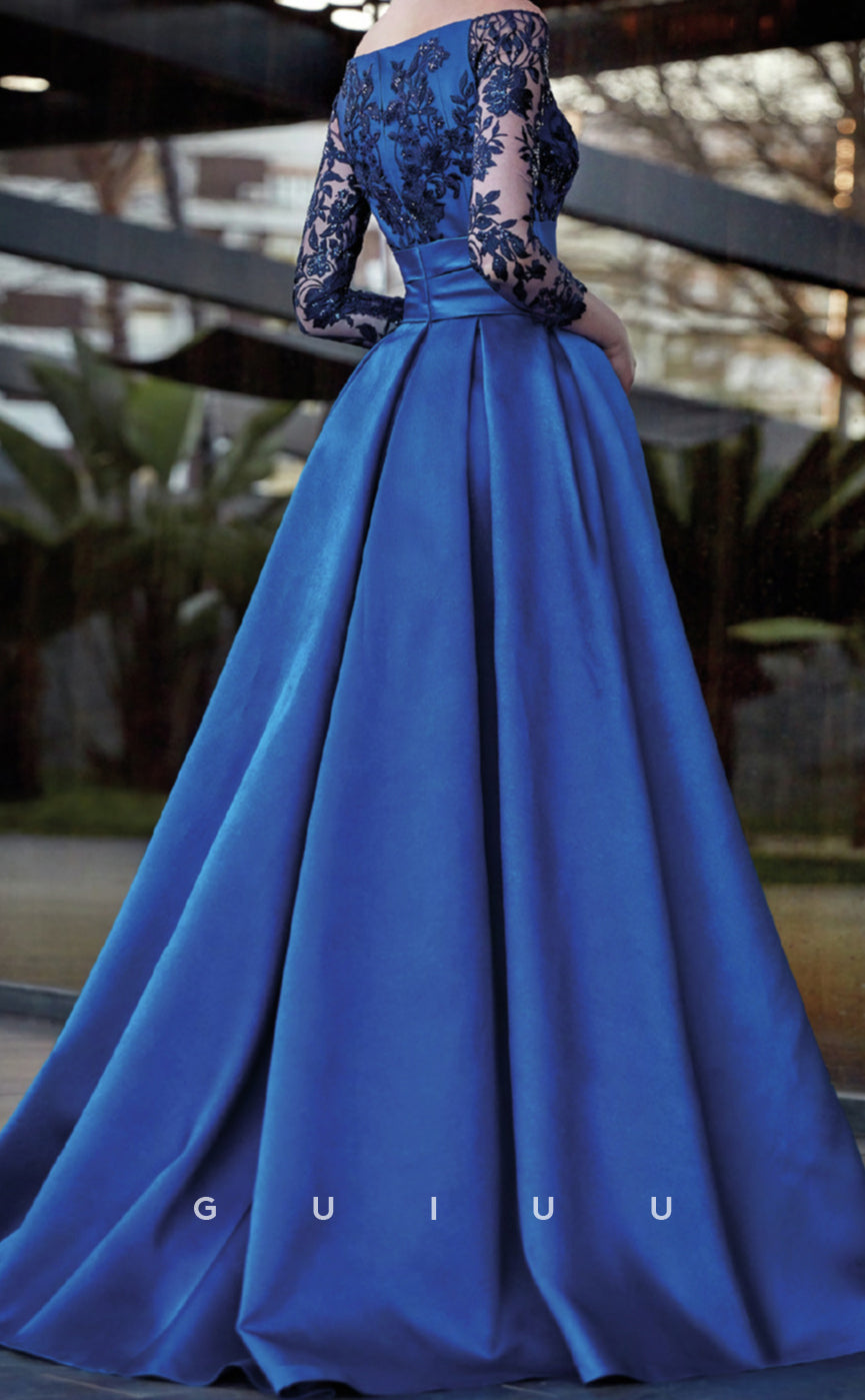 GM299 - A-Line Off Shoulder Long Lace Sleeves Pleated Long Cocktail Dress with Slit