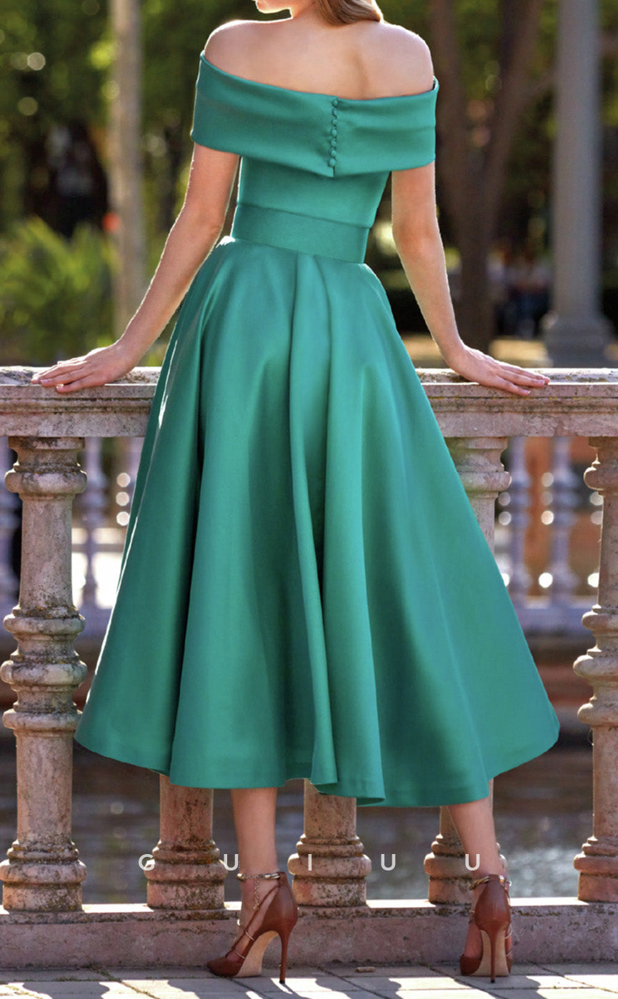 GM296 - A-Line Off Shoulder Sleeveless Back Zipper Tea Length Cocktail Dress