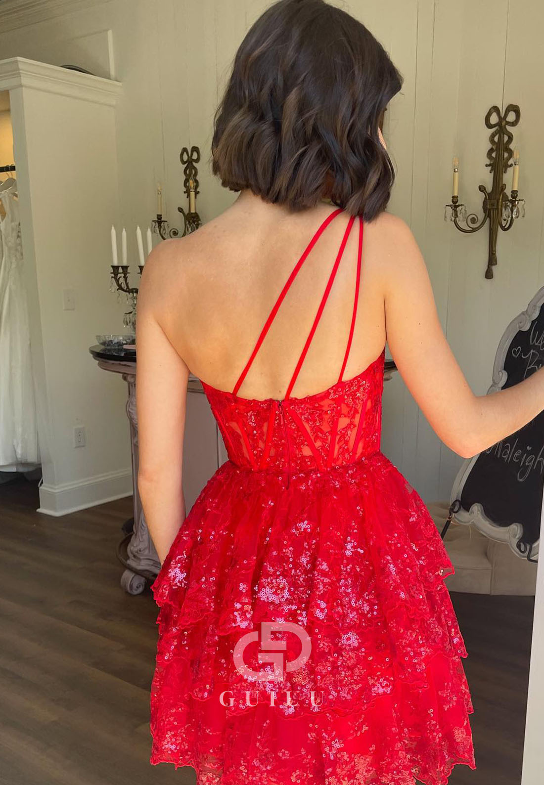 GH989 - A-Line One Shoulder Back Zipper Tulle Appliques Tiered Short Homecoming Dress