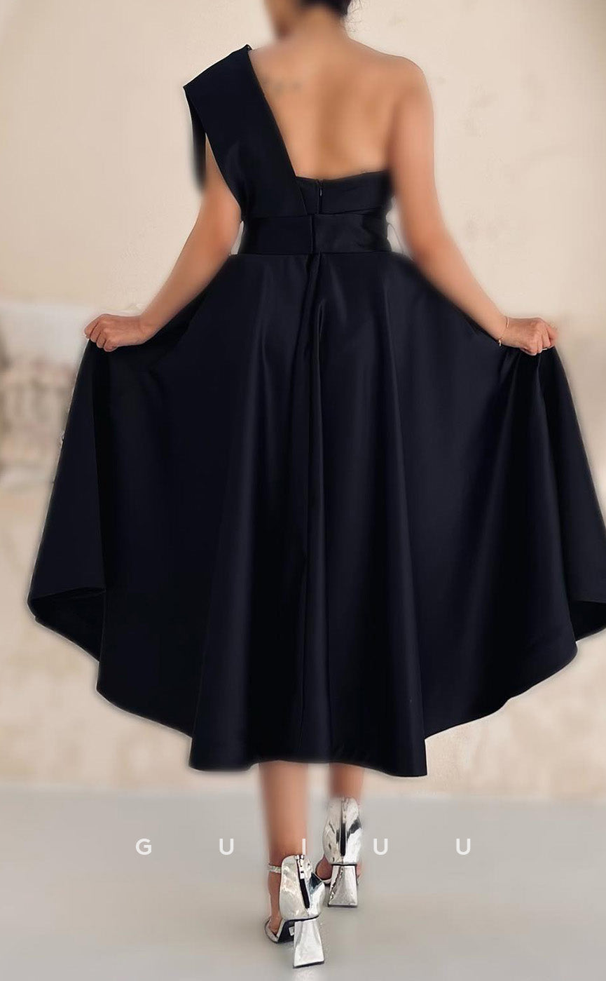 G4713 - A-Line One Shoulder Sleevelss Tea Length Back Zipper Formal Evening Prom Gown