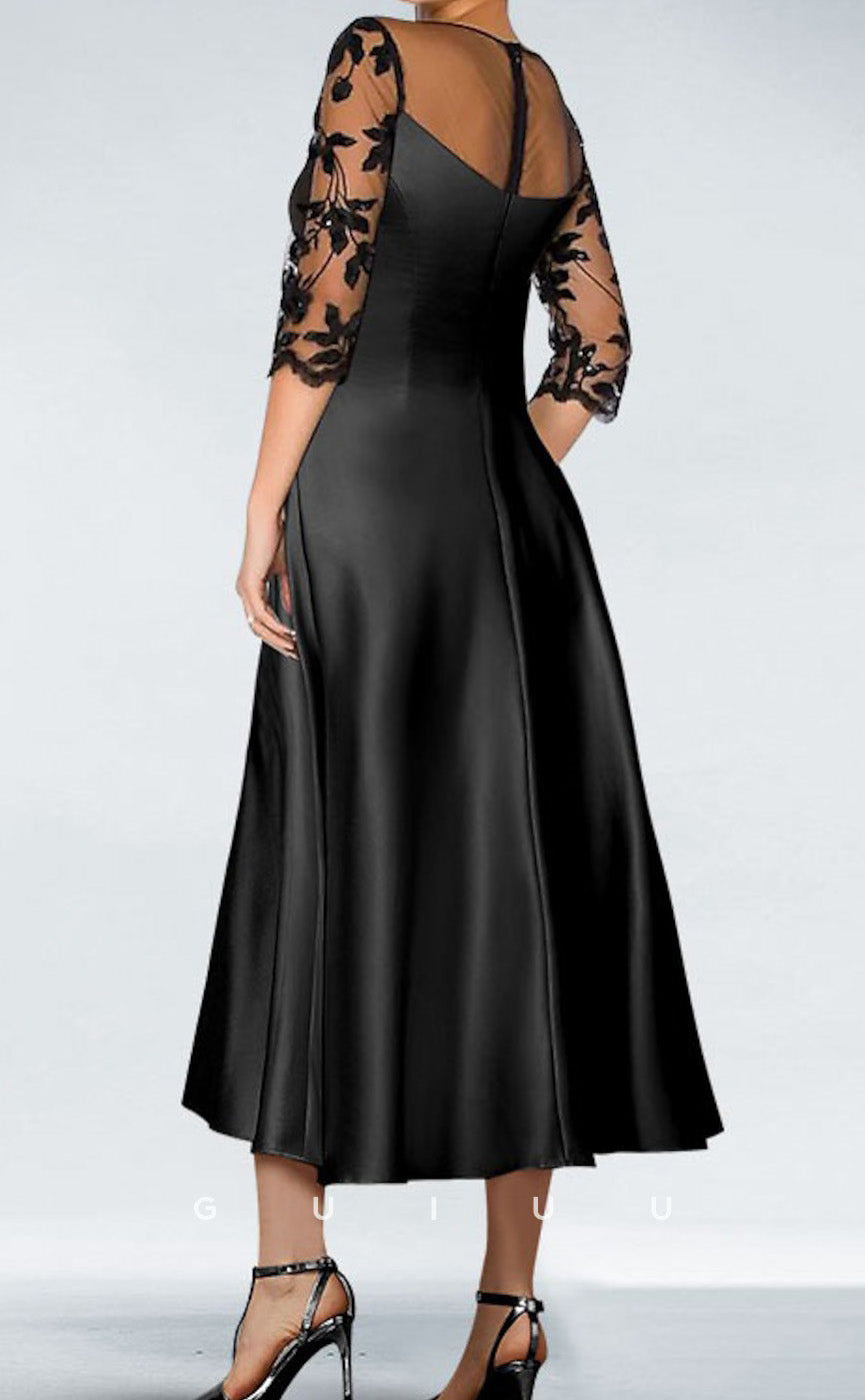 GM217 - A-Line Scoop Neck 34 Length Sleeves Appliques Back Zipper Tea Length Cocktail Dress Wedding Guest Dress