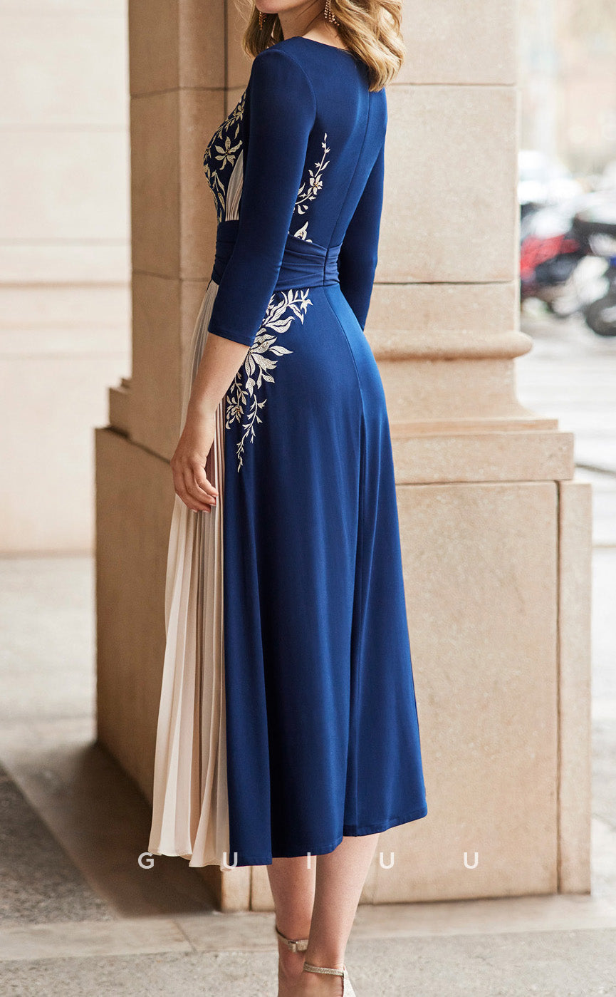 GM225 - A-Line Scoop Neck 34 Length Sleeves Appliques Tea Length Wedding Guest Dress Cocktail Dress