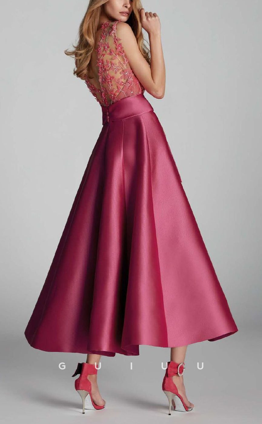 GM298 - A-Line Scoop Neck Sleeveless Appliqus Tea Length Cocktail Dress