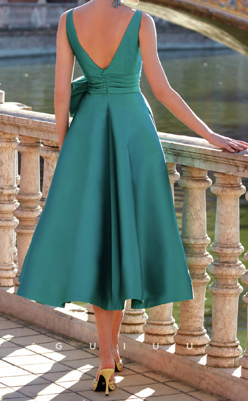 GM297 - A-Line Scoop Neck Sleeveless Pleated Tea Length Cocktail Dress