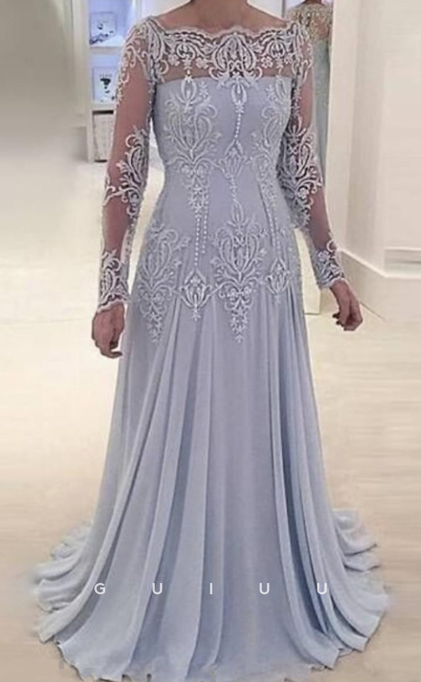 GM117 - A-Line Scoop Neck Sweep Lenghth Long Sleeves Appliques Mother of the Bride Dress